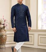 Blue banarasi art silk straight kurta with lining Pajama for men