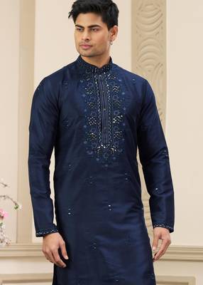 blue banarasi art silk straight kurta with lining pajama for men 2