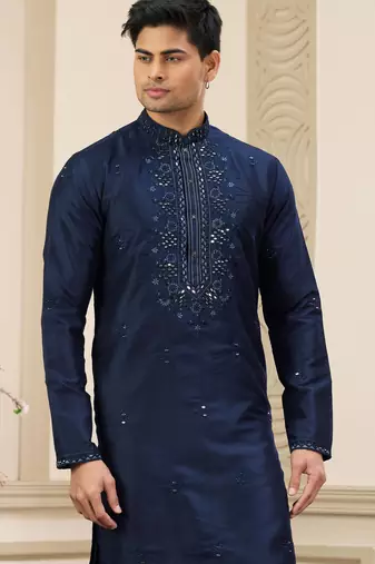 blue banarasi art silk straight kurta with lining pajama for men