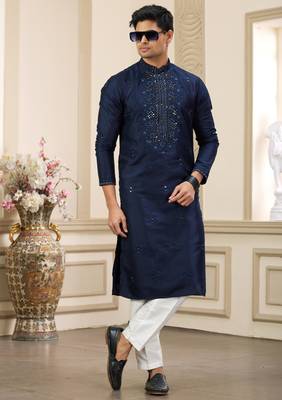 blue banarasi art silk straight kurta with lining pajama for men 3