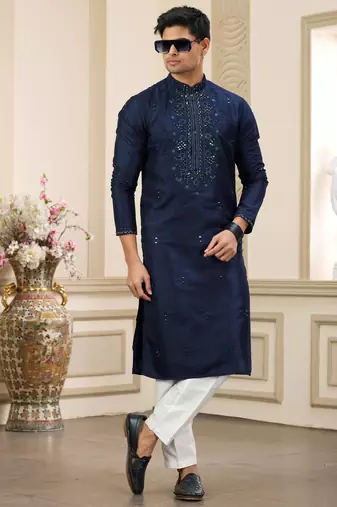 blue banarasi art silk straight kurta with lining pajama for men