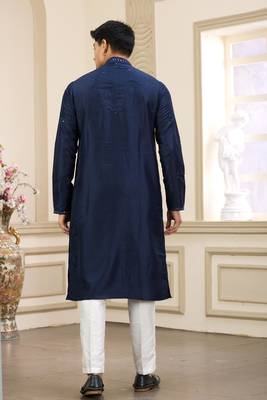 blue banarasi art silk straight kurta with lining pajama for men 4