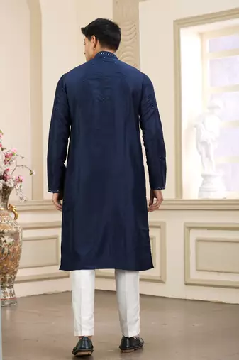 blue banarasi art silk straight kurta with lining pajama for men