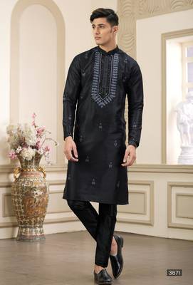 black banarasi art silk straight kurta with lining pajama for men 1