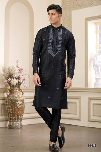 Black banarasi art silk straight kurta with lining pajama for men