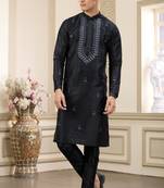 Black banarasi art silk straight kurta with lining pajama for men