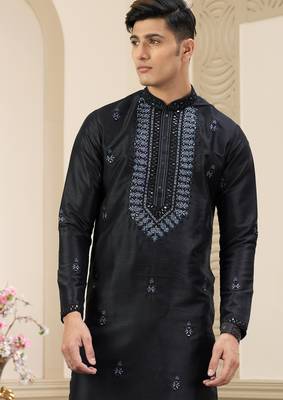 black banarasi art silk straight kurta with lining pajama for men 2