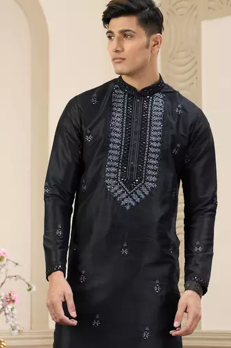 black banarasi art silk straight kurta with lining pajama for men
