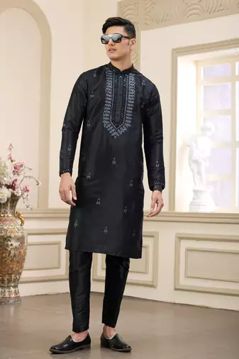 black banarasi art silk straight kurta with lining pajama for men