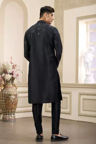 black banarasi art silk straight kurta with lining pajama for men