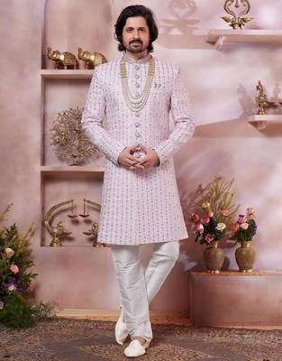 men's pink  art silk sherwani with computer thread work  and faux satin 1