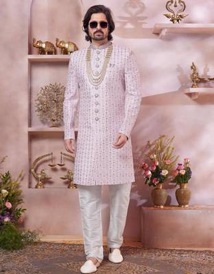 men's pink  art silk sherwani with computer thread work  and faux satin 2