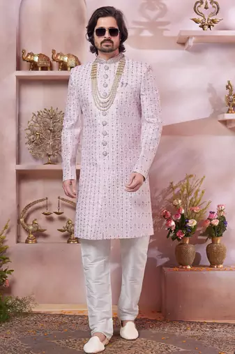 men's pink  art silk sherwani with computer thread work  and faux satin