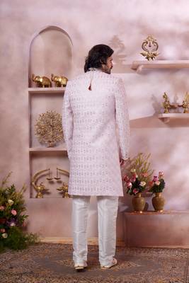 men's pink  art silk sherwani with computer thread work  and faux satin 3