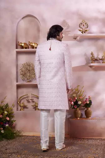 men's pink  art silk sherwani with computer thread work  and faux satin