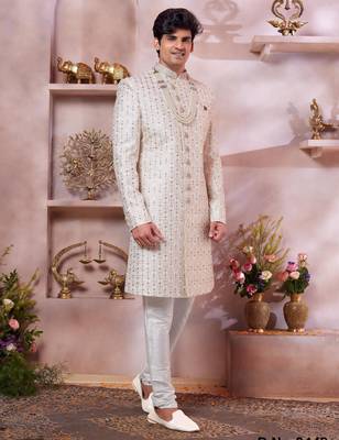 cream art silk computer thread sherwani and faux satin churidar for men 1