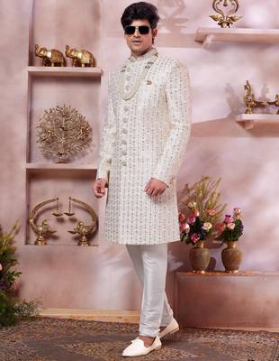 cream art silk computer thread sherwani and faux satin churidar for men 2