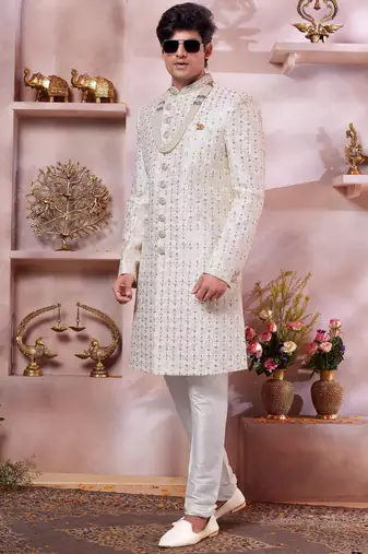 cream art silk computer thread sherwani and faux satin churidar for men