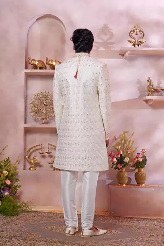 cream art silk computer thread sherwani and faux satin churidar for men