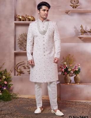 cream art silk computer thread full sleeve sherwani and faux satin churidar for men 1
