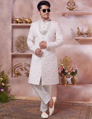 cream art silk computer thread full sleeve sherwani and faux satin churidar for men 2