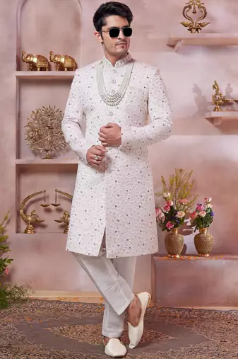 cream art silk computer thread full sleeve sherwani and faux satin churidar for men