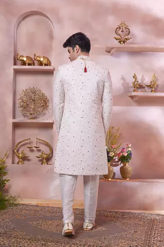 cream art silk computer thread full sleeve sherwani and faux satin churidar for men