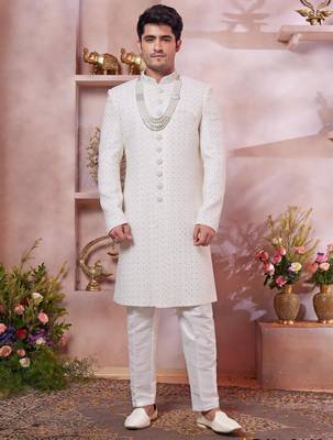 cream art silk computer thread work sherwani and faux satin churidar for men 1