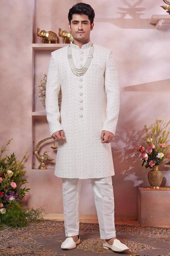 Cream art silk computer thread work sherwani and faux satin churidar for men