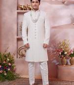Cream art silk computer thread work sherwani and faux satin churidar for men