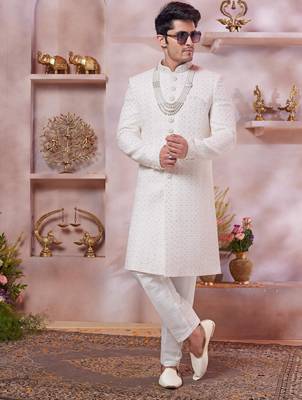 cream art silk computer thread work sherwani and faux satin churidar for men 2