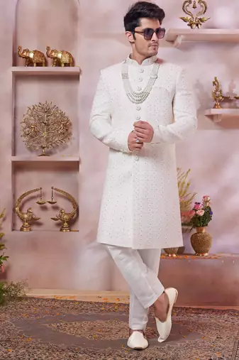 cream art silk computer thread work sherwani and faux satin churidar for men