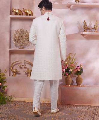 cream art silk computer thread work sherwani and faux satin churidar for men 3