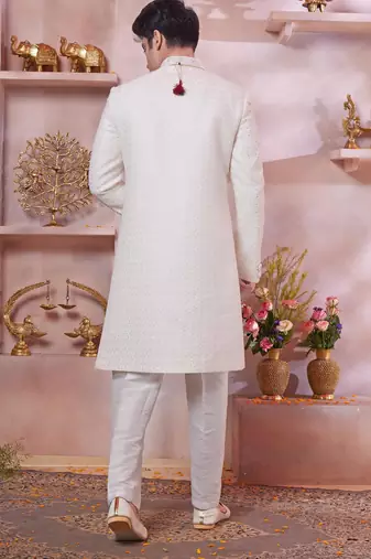 cream art silk computer thread work sherwani and faux satin churidar for men