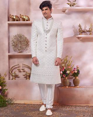 cream art silk sherwani with computer thread and faux satin churidar for men 1