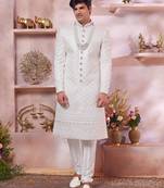 Cream art silk sherwani with computer thread and faux satin Churidar for Men