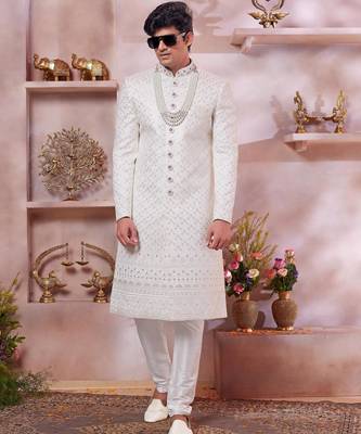 cream art silk sherwani with computer thread and faux satin churidar for men 2