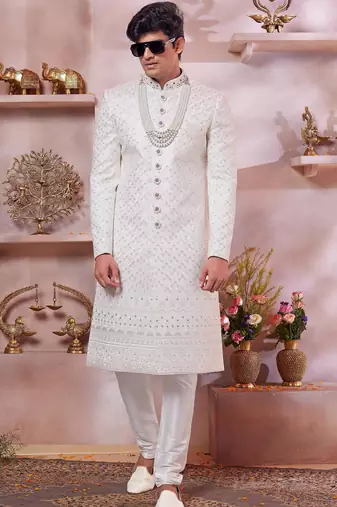 cream art silk sherwani with computer thread and faux satin churidar for men