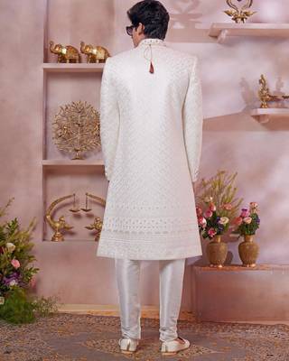 cream art silk sherwani with computer thread and faux satin churidar for men 3
