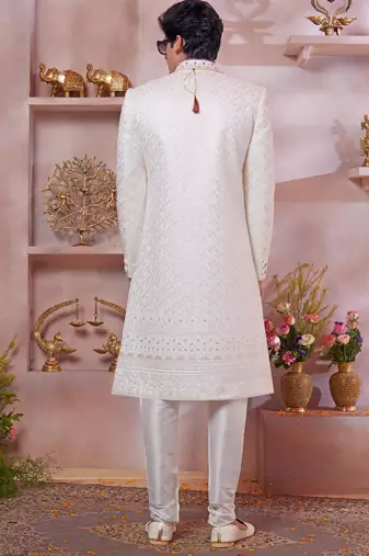 cream art silk sherwani with computer thread and faux satin churidar for men
