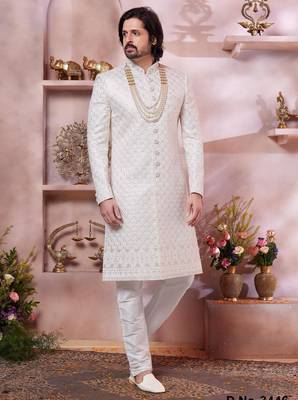 cream art silk sherwani with computer thread work and faux satin churidar for men 1