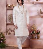 Cream art silk sherwani with computer thread work and faux satin churidar for men