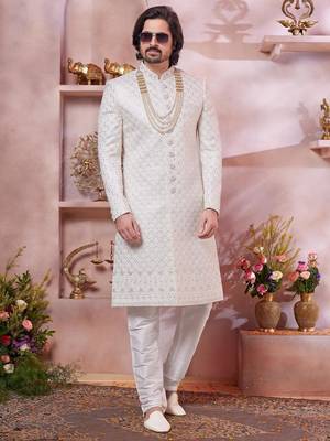 cream art silk sherwani with computer thread work and faux satin churidar for men 2