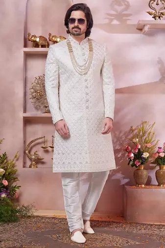 cream art silk sherwani with computer thread work and faux satin churidar for men