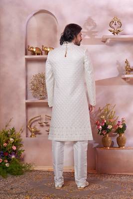 cream art silk sherwani with computer thread work and faux satin churidar for men 3