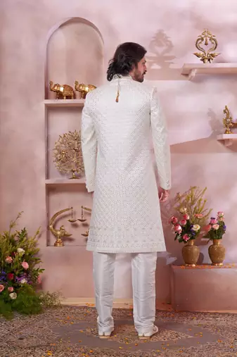 cream art silk sherwani with computer thread work and faux satin churidar for men