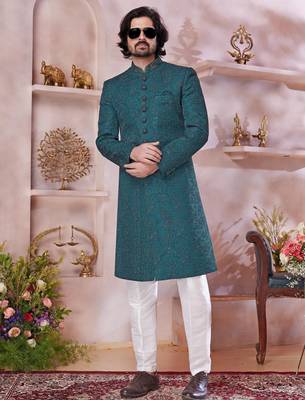 green computer thread work sherwani with faux satin churidar for men 1