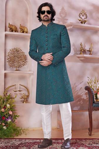 Green computer thread work sherwani with faux satin Churidar for men