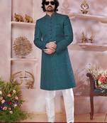 Green computer thread work sherwani with faux satin Churidar for men