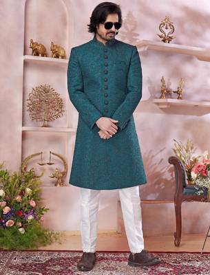 green computer thread work sherwani with faux satin churidar for men 2